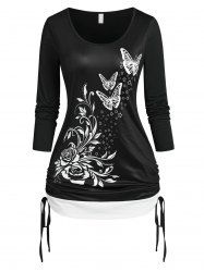 T-shirt Bicolore Fleuri à Imprimé Papillon de Grande Taille - Noir 5X
