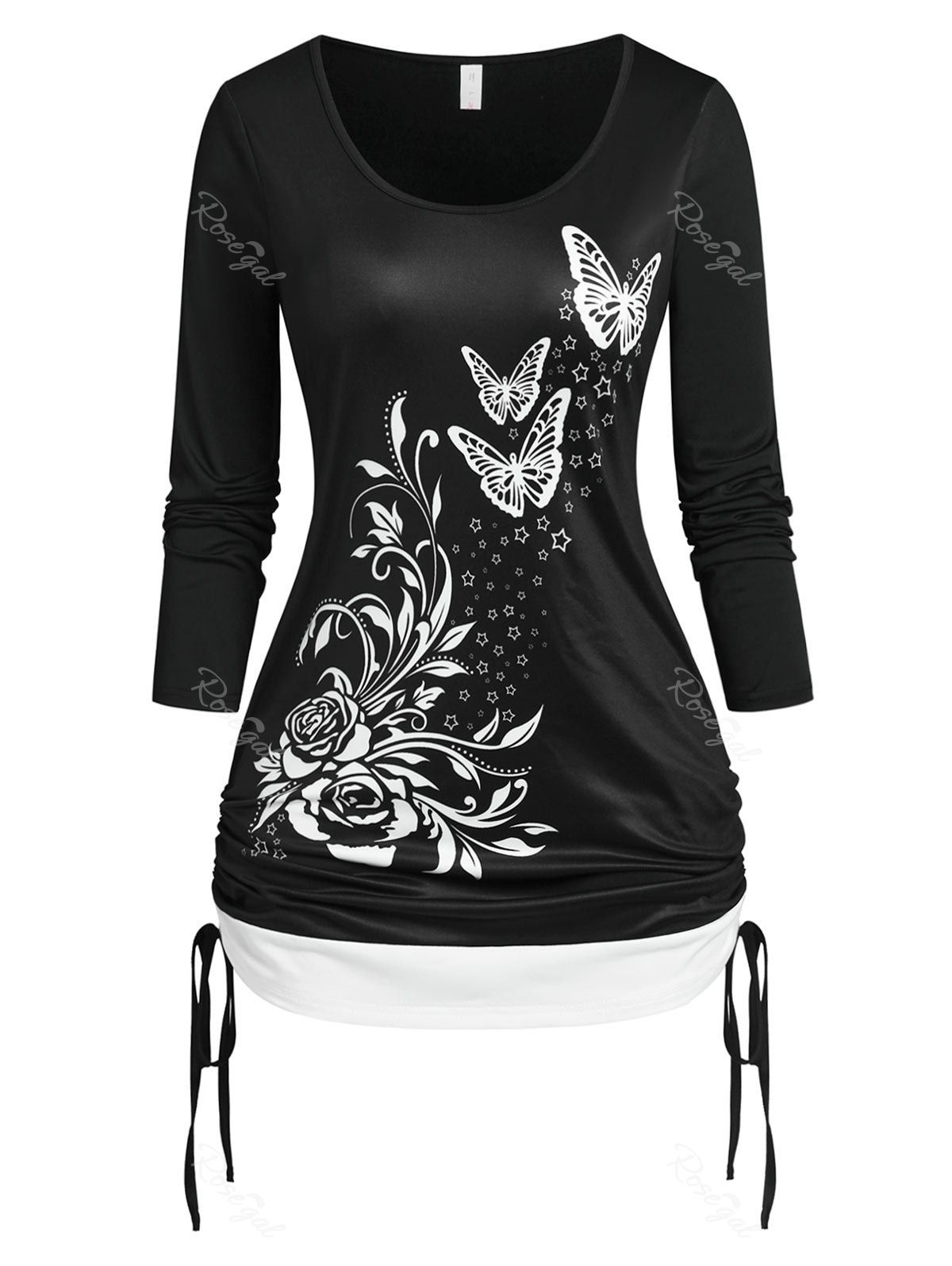T-shirt Bicolore Fleuri à Imprimé Papillon de Grande Taille Noir 5X