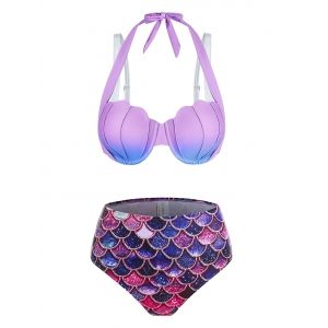 

Ombre Mermaid Print Padded Bikini Set, Light purple