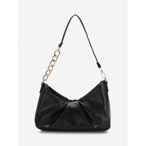 

Half-Chain Strap Ruched Shoulder Bag, Black