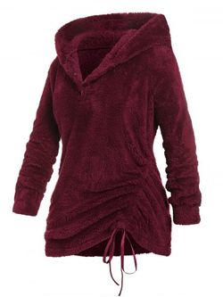 Plus Size Fluffy Button Placket Cinched Hoodie - DEEP RED - 1X