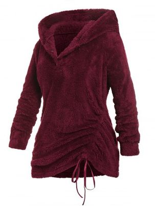 Plus Size Fluffy Button Placket Cinched Hoodie