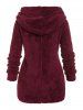 Plus Size Fluffy Button Placket Cinched Hoodie -  
