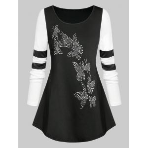 

Plus Size Rhinestone Butterfly Colorblock T-shirt, Black