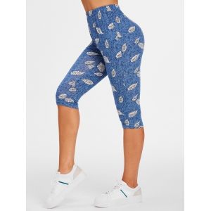 

High Waisted Leaf Print Capri Pants, Blue