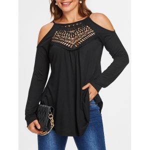 

Lace Insert Cold Shoulder Curved Hem T-shirt, Black