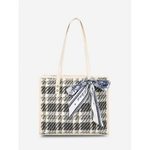 

Tweed Spliced Scarf-Tied Tote Bag, Milk white