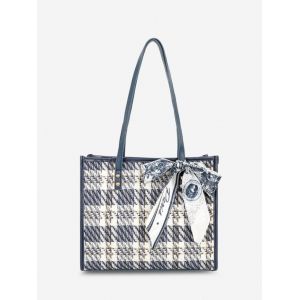 

Tweed Spliced Scarf-Tied Tote Bag, Light blue