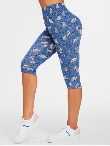 Pantalon Capri à Imprimé Feuille à Taille Haute - BLUE - XXXL