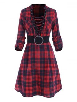 Plaid Lace Up Plunging Neck Dress - RED - S