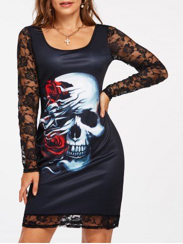 Lace Insert Flower Print Bodycon Dress - MULTI - XL