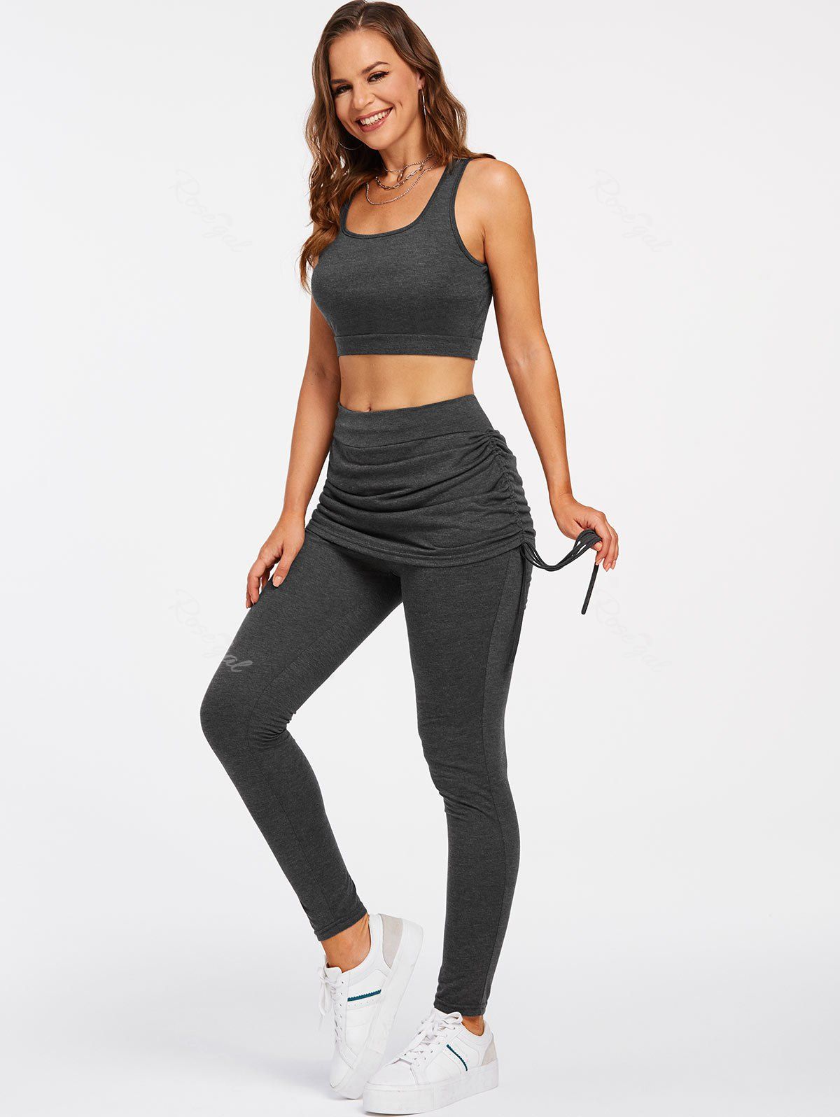 Trendy Cut Out Crop Top and Fold Over Cinched Skinny Pants  