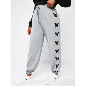 

Plus Size Drawstring Butterfly Print Jogger Pants, Light gray