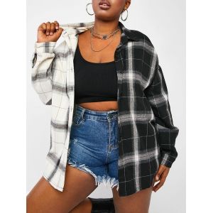 

Plus Size Half and Half Plaid Button Up Shirt, Black