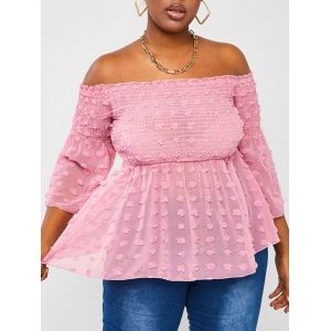 

Plus Size Off Shoulder Shirred Flared Sleeve Blouse, Light pink