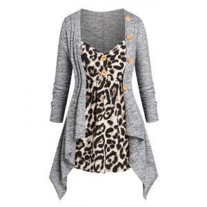 

Plus Size Leopard Print Draped Irregular Tee, Light gray