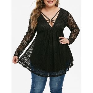 

Plus Size O Ring Strappy Plunge Lace Tee, White