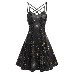 

Crisscross Lace Up Sun and Moon Print Dress, Black