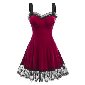 

Plus Size Velvet Lace Panel Knee Length Dress, Deep red