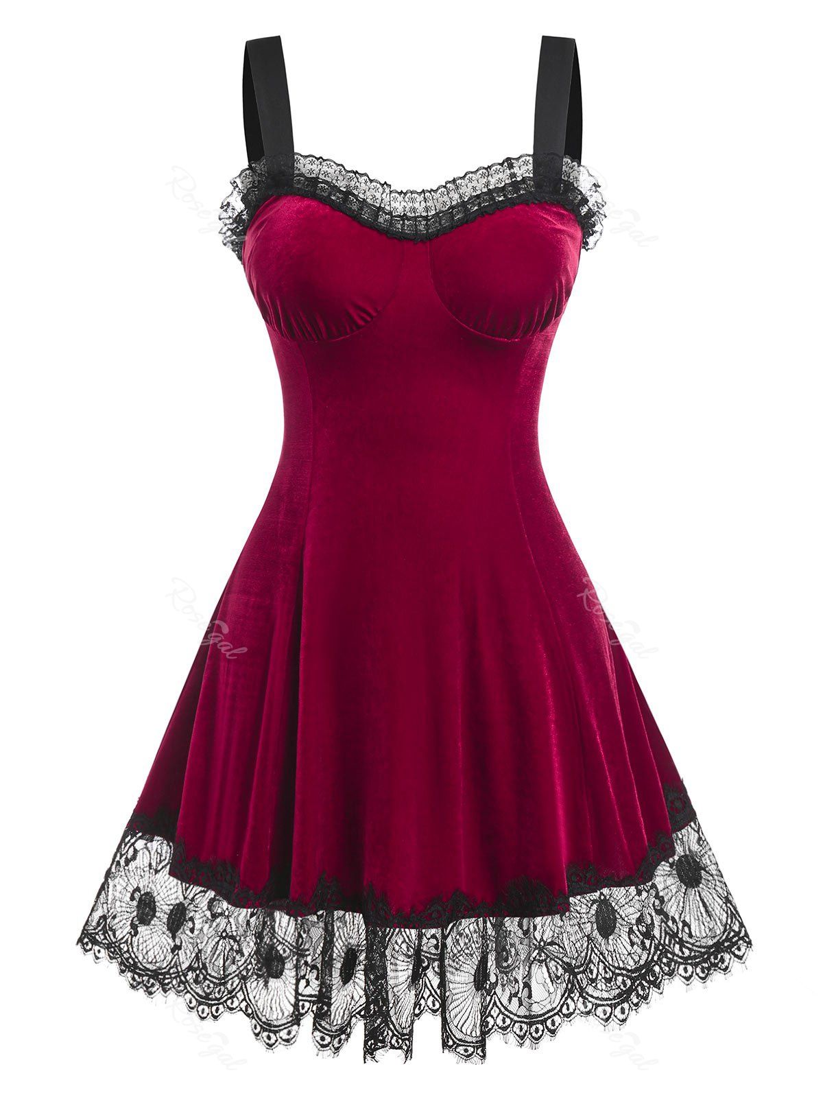 Store Plus Size Velvet Lace Panel Knee Length Dress  