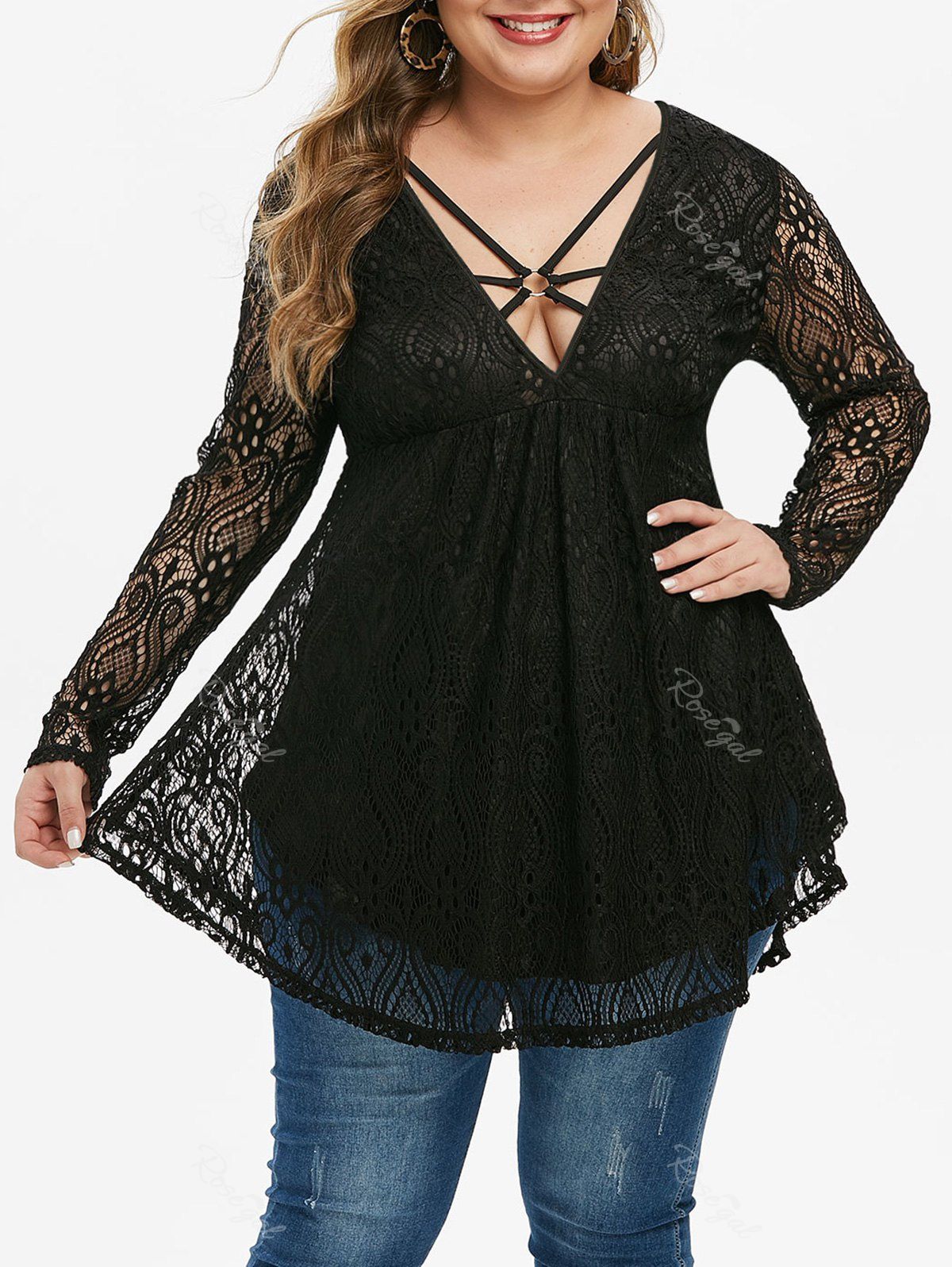 Store Plus Size O Ring Strappy Plunge Lace Tee  