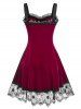 Plus Size Velvet Lace Panel Knee Length Dress -  