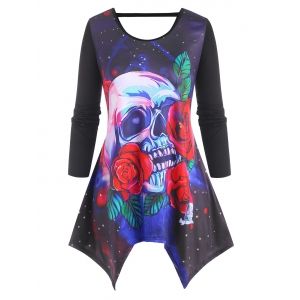 

Plus Size Handkerchief Skull Flower Cutout Tunic Tee, White