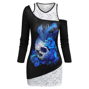 

Flower Skull Print Lace Insert Cold Shoulder Top, Black