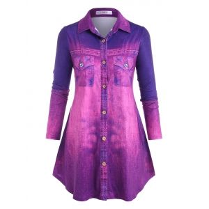 

Plus Size 3D Jean Print Ombre Button Up Shirt, Purple