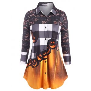 

Plus Size Halloween Pumpkin Button Up Tunic Shirt, Dark orange