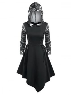 Lace Up Star Print Hooded Dress - BLACK - XXXL