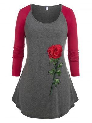 Plus Size Rose Applique Raglan Sleeve T-shirt