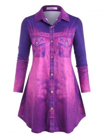 Talla grande 3D Jean Print Ombre Button Up Camisa - PURPLE - L
