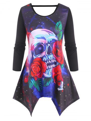 Plus Size Handkerchief Skull Flower Cutout Tunic Tee