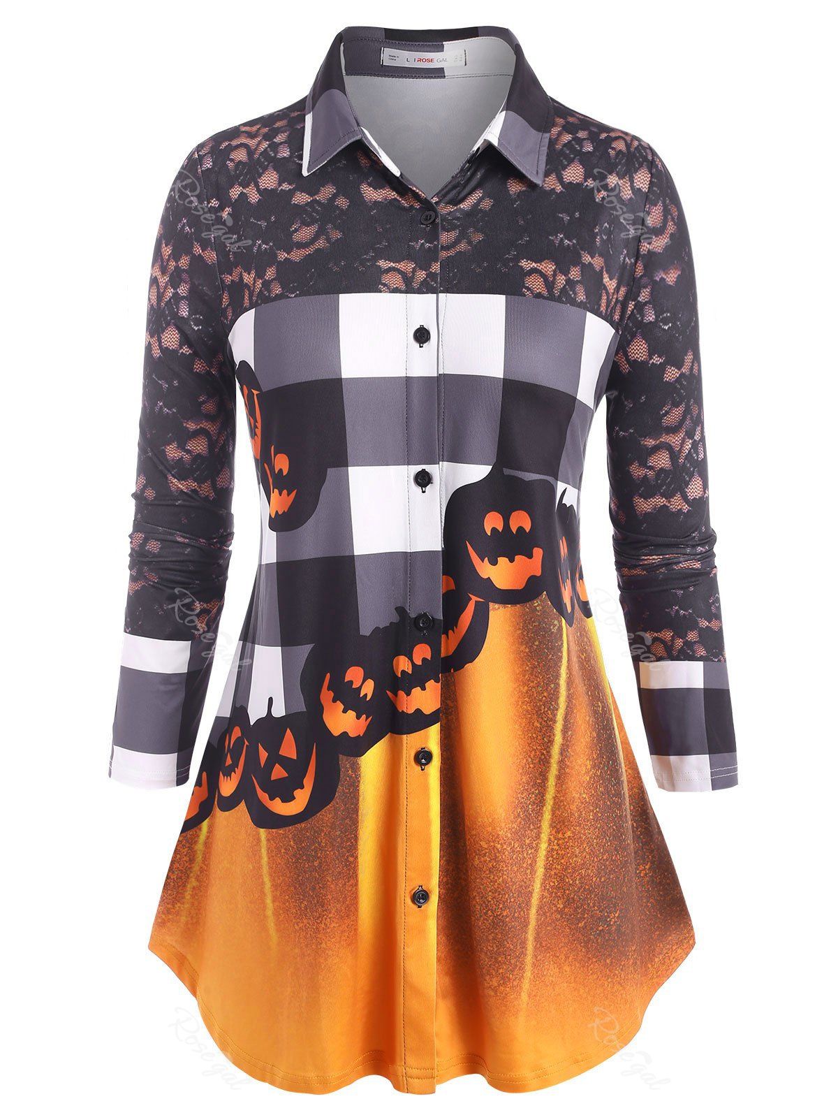 Fashion Plus Size Halloween Pumpkin Button Up Tunic Shirt  