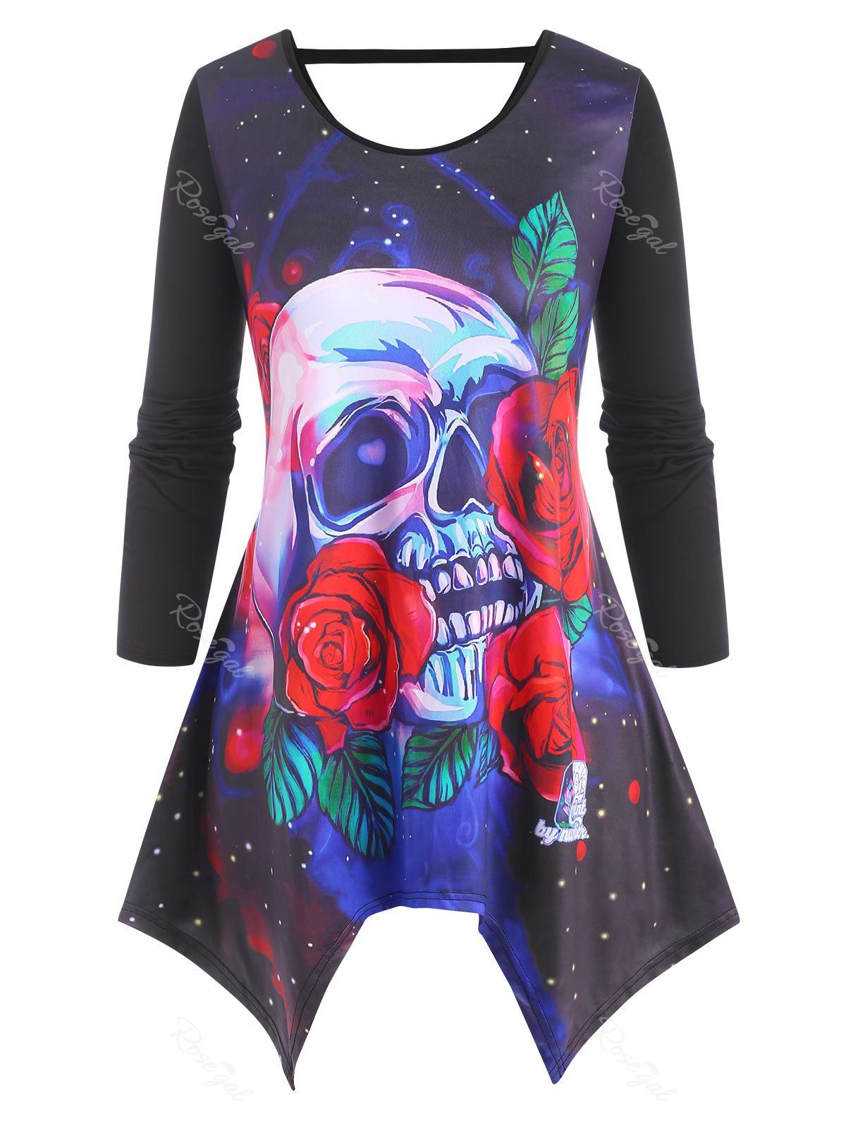 Outfit Plus Size Handkerchief Skull Flower Cutout Tunic Tee  