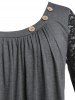 T-shirt de Grande Taille à Manches en Dentelle à Col Oblique - Gris Foncé L