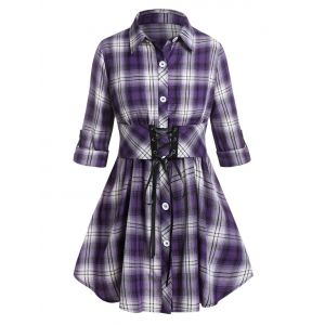 

Plus Size Plaid Roll Tab Sleeve Lace-up Skirted Blouse, Concord