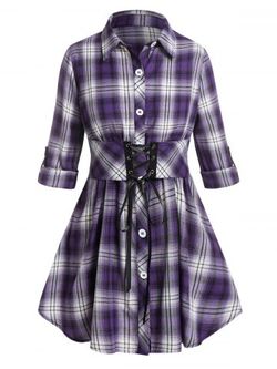 Plus Size Plaid Roll Tab Sleeve Lace-up Skirted Blouse - CONCORD - 4X