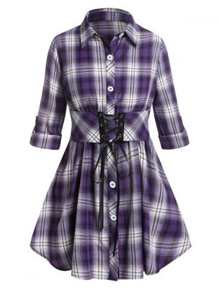 Plus Size Plaid Roll Tab Sleeve Lace-up Skirted Blouse