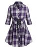 Plus Size Plaid Roll Tab Sleeve Lace-up Skirted Blouse -  