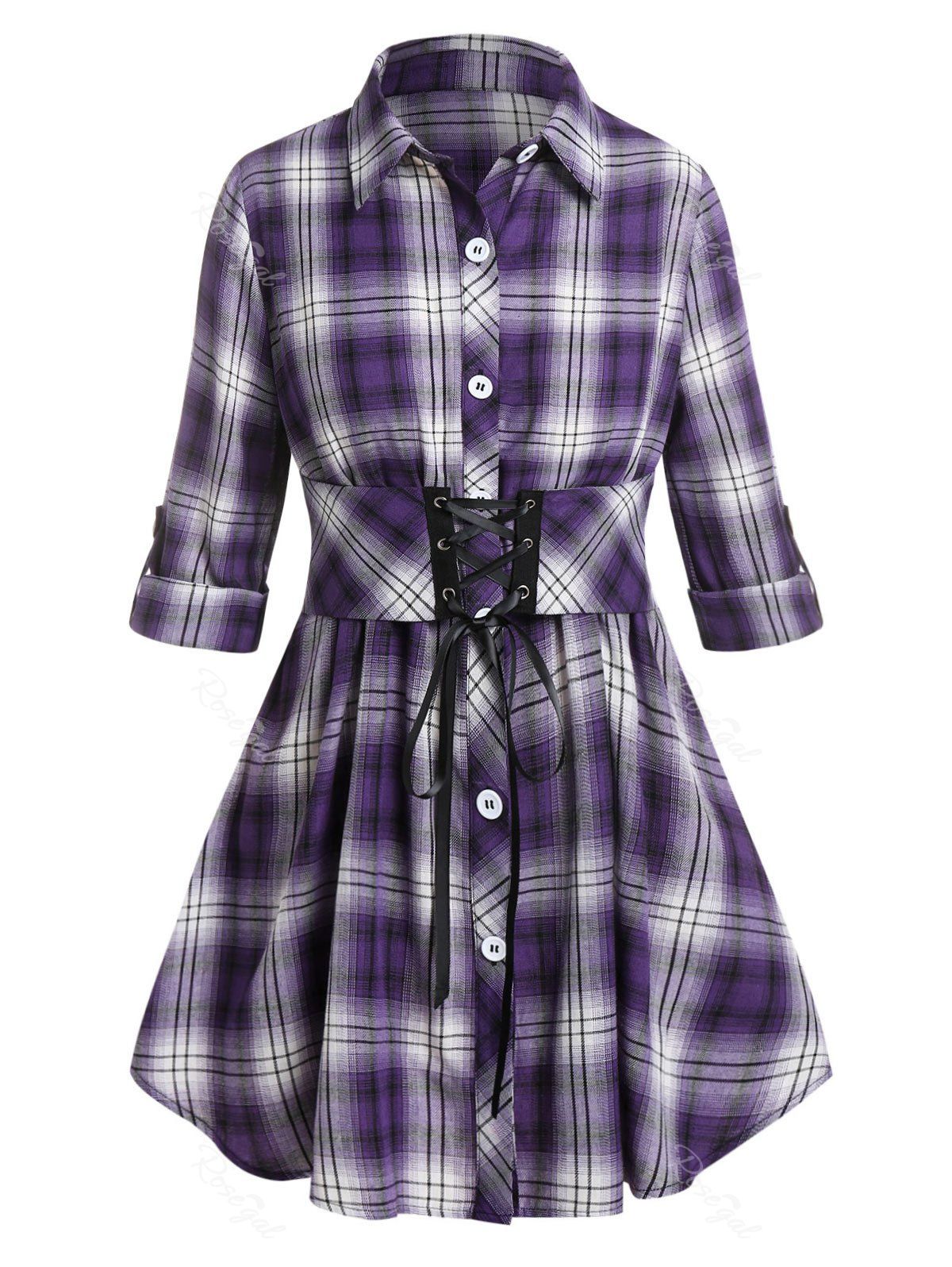 Best Plus Size Plaid Roll Tab Sleeve Lace-up Skirted Blouse  