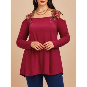 

Plus Size Cold Shoulder Lace Applique T-shirt, Red