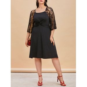 

Plus Size Twisted Lace Panel See Thru Dress, Black