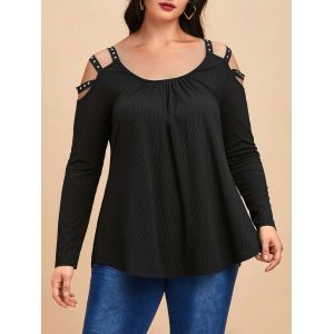 

Plus Size Studded Ribbed Cutout Curved Hem Tunic Tee, Black