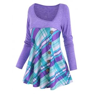 

Mock Button Plaid Asymmetric Neck T Shirt, Light purple