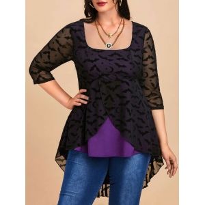 

Plus Size Bat Print High Low Halloween Tee, Black