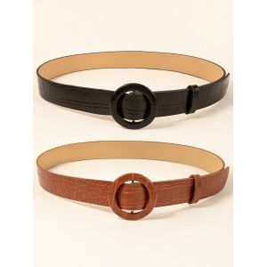 

2Pcs Round Buckle Textured Belt Set, Black