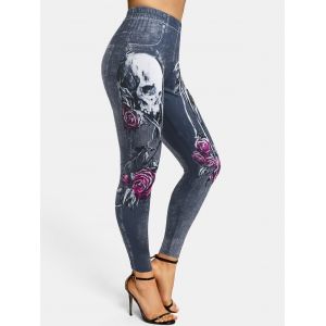 

Skulls Flowers 3D Print High Waisted Skinny Jeggings, Light blue