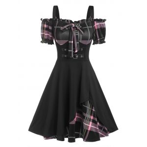 

Open Shoulder Plaid Faux Twinset Dress, Light pink